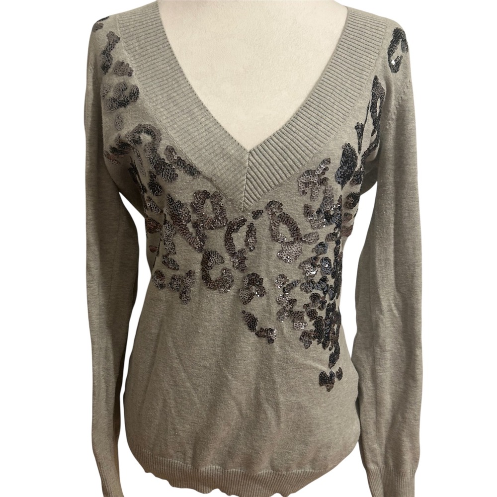 Y2K Express Large Fitted‎ Vneck gray grey sequin sweater longline animal print